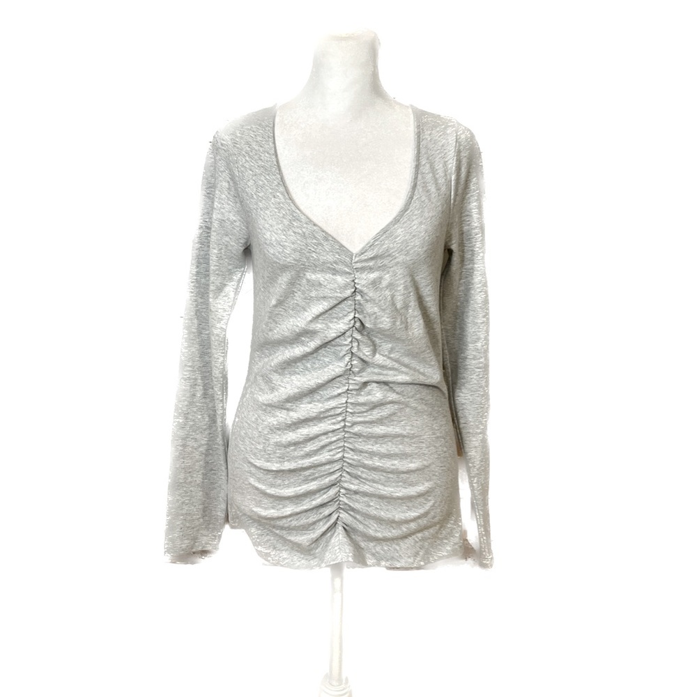 Express Heather Gray Ruched Front V-Neck Long Sleeved T-Shirt, Women’s Size S.